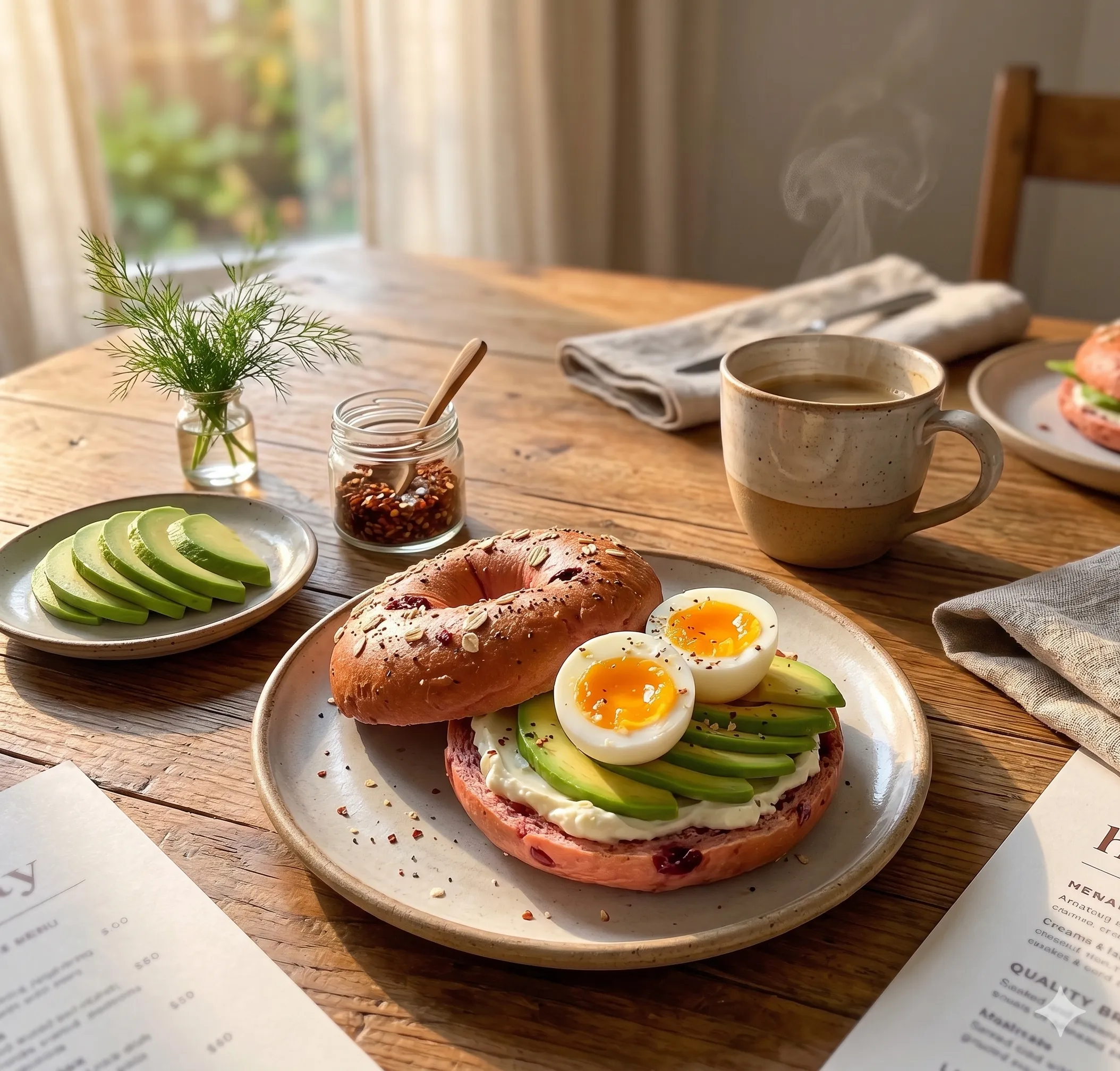 Cranberry Cream Cheese Bagels + Soft Boiled Egg + Avocado Slice